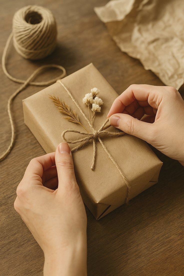 Hands tying twine around a paper-wrapped parcel